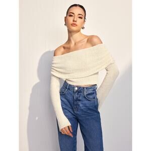 Commense Plush Ivory Casual Stretch Off Shoulder Knit Sweater Top XS
